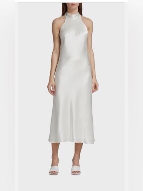 High-Neck Satin Midi Dress in Ivory
